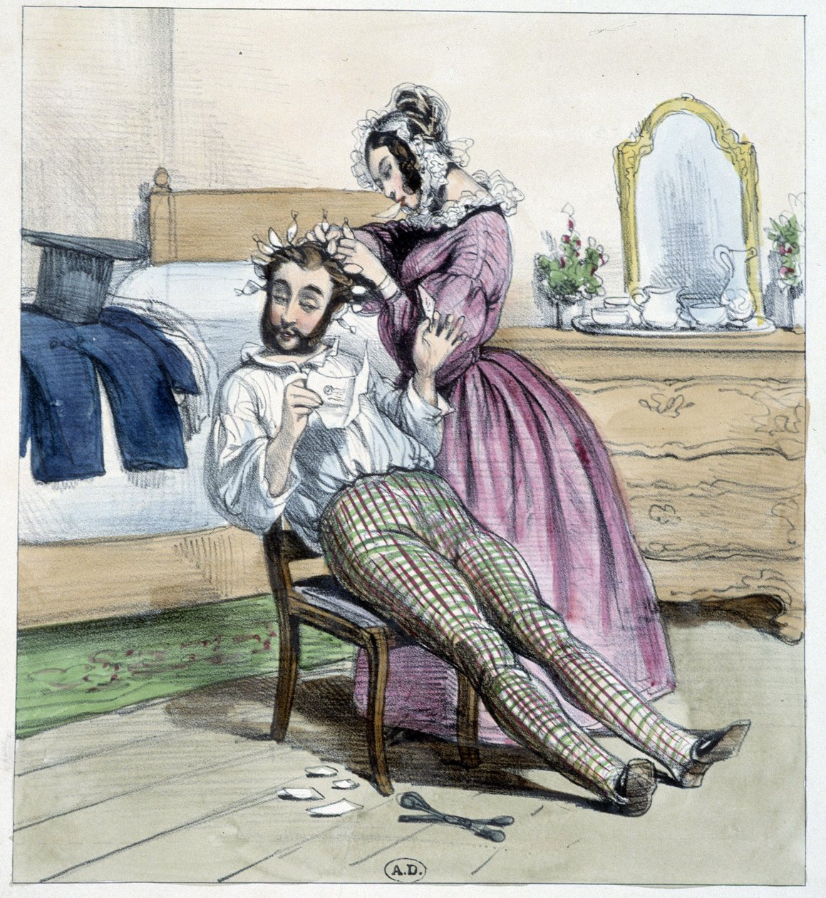 Humoristisk tegning på utroskapen til en dandy som blir laget med sin forlovedes brev - tegning av Unknown artist