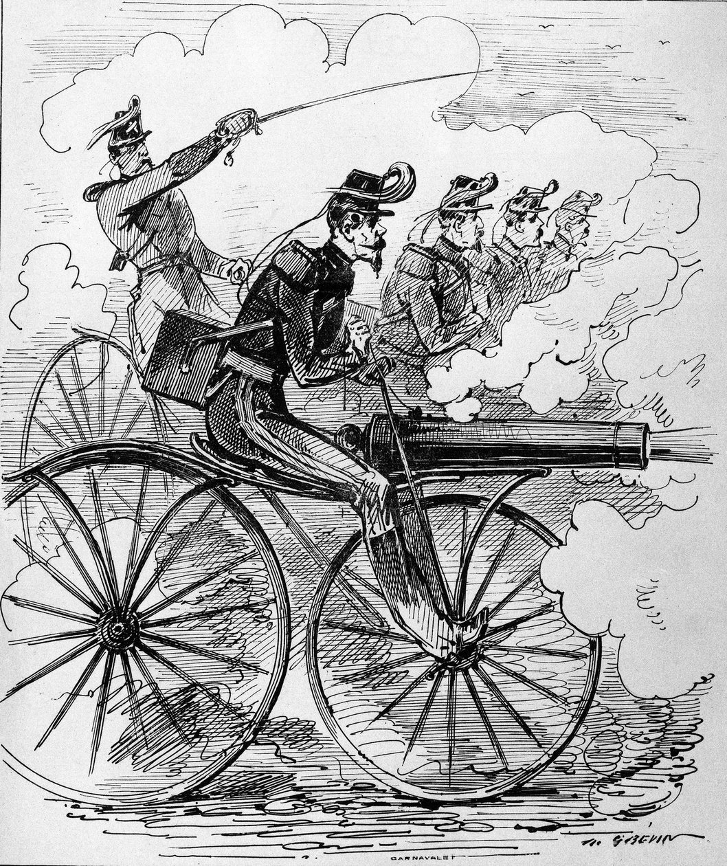 Humoristisk gravering: Velocipedomania påført maskingevær - 1800-tallet. av Unknown artist