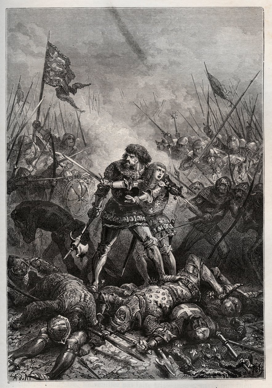Hundreårskrig: Kongen av Frankrike John II den gode og hans sønn Filip II av Burgund (1342-1404), kjent som «Philippe le Hardi», kjempet mot engelskmennene i slaget ved Poitiers 19.09.1356) (Kong av Frankrike Johannes II av Frankrike (1319-1364) og sønnen  av Unknown artist