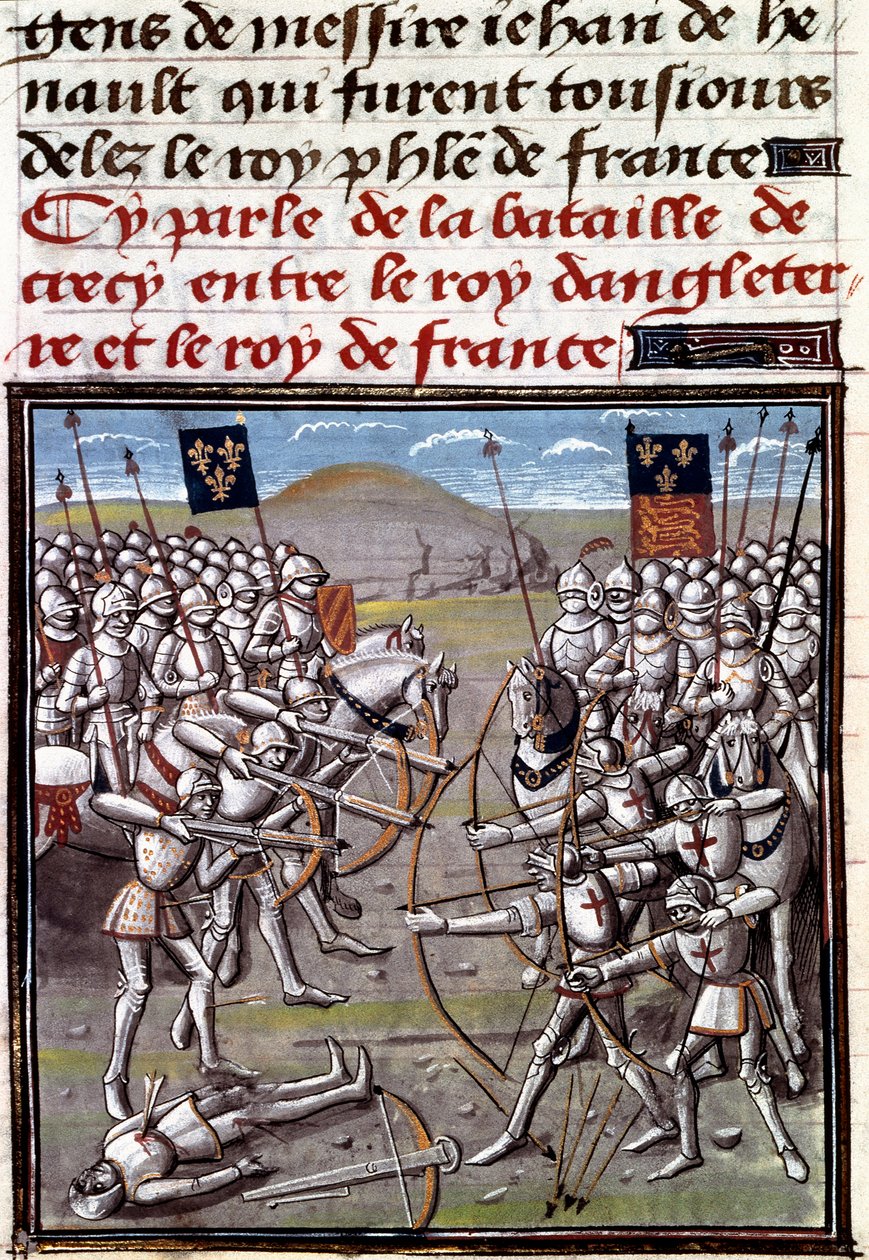 Hundreårskrig: slaget ved Crecy 26.08.1346 mellom franskmennene og engelskmennene. Miniatyr fra Chronicles of Jean Froissart (1337-1400) av Unknown artist