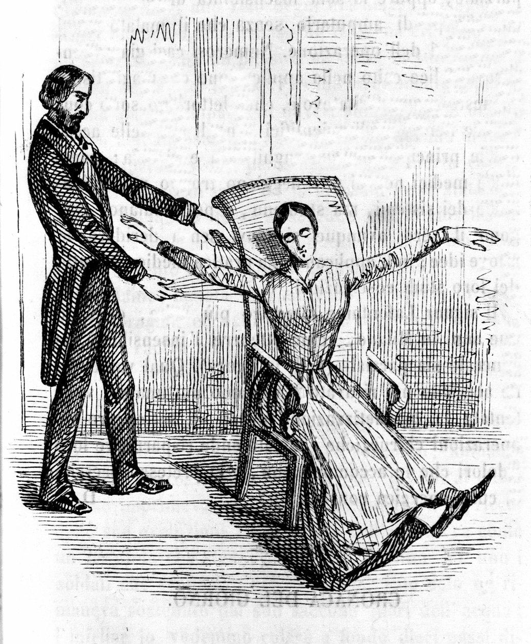 Hypnose: en mann som praktiserer hypnose på en kataleptisk kvinne. av Unknown artist