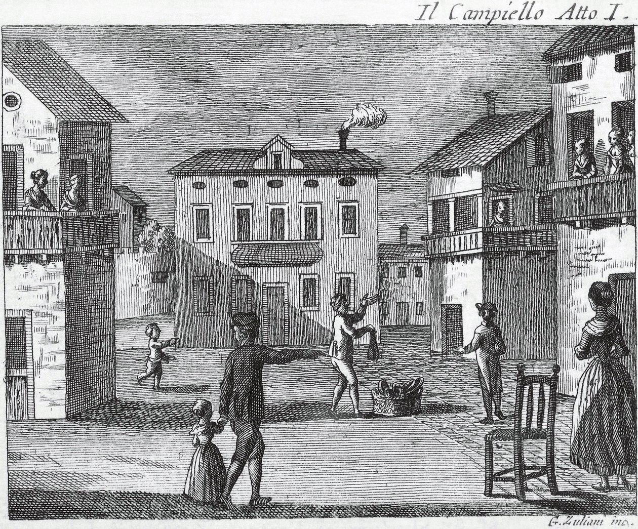 Il Campiello Act I - Carlo Goldoni (1707-1793) - Gravering av 1700-tallet av Unknown artist