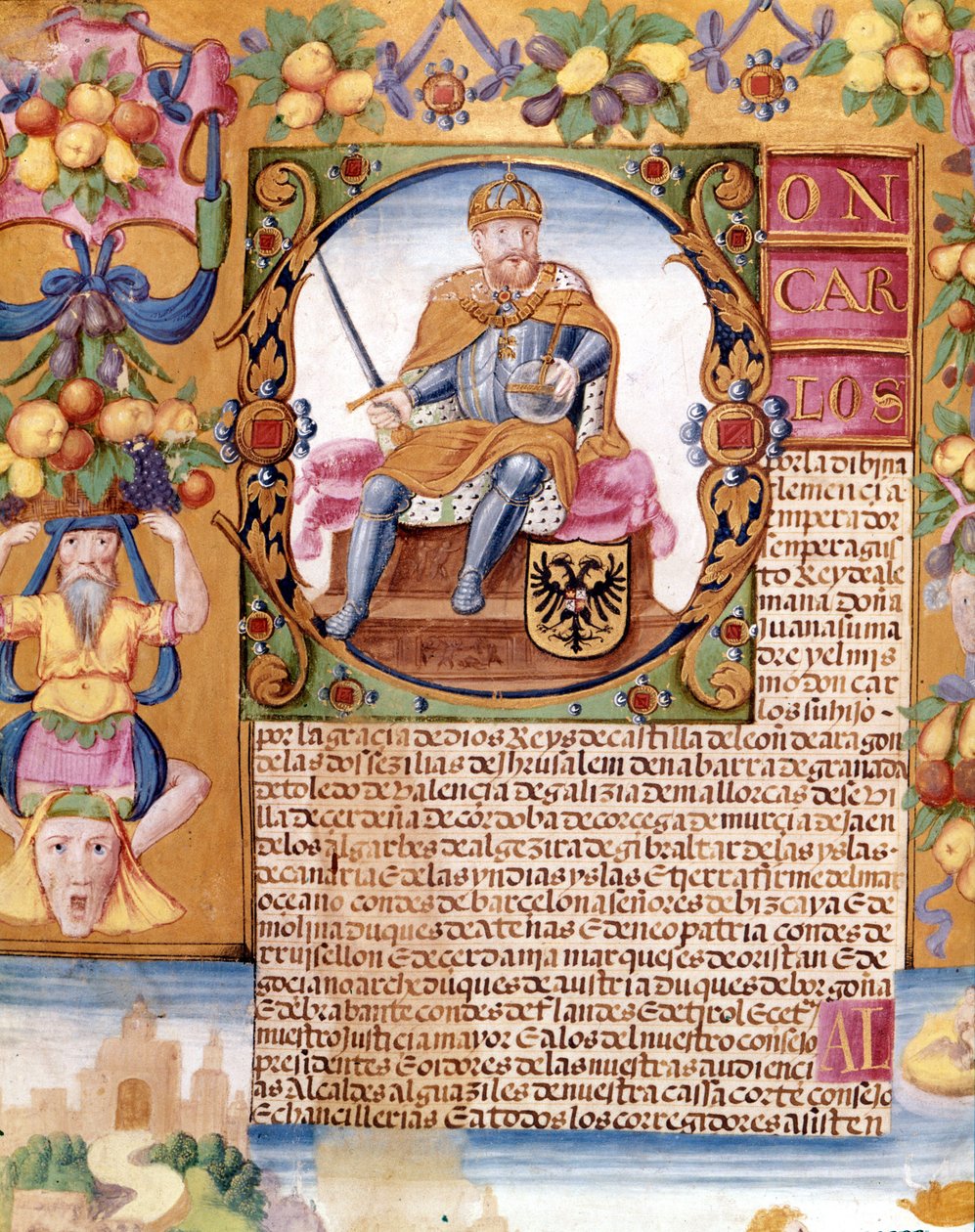 Opplyst portrett av keiser Karl V (1500 - 1558). Detalj av en "" executoria"" av Unknown artist
