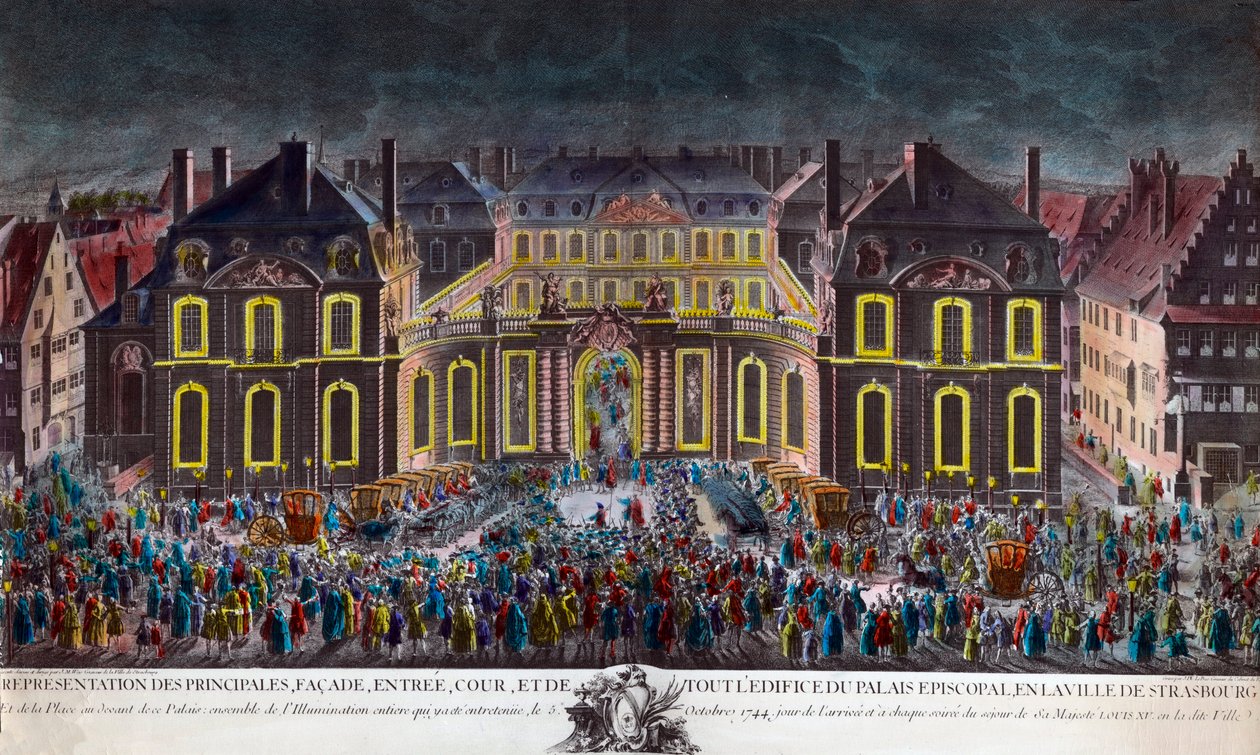 Belysninger av bispepalasset i byen Strasbourg under feiringene gitt av byen under oppholdet til kong Ludvig XV (1710-1774) i rekonvalesens etter en alvorlig sykdom 5.10.1744. Periodetrykk Privat Samling av Unknown artist