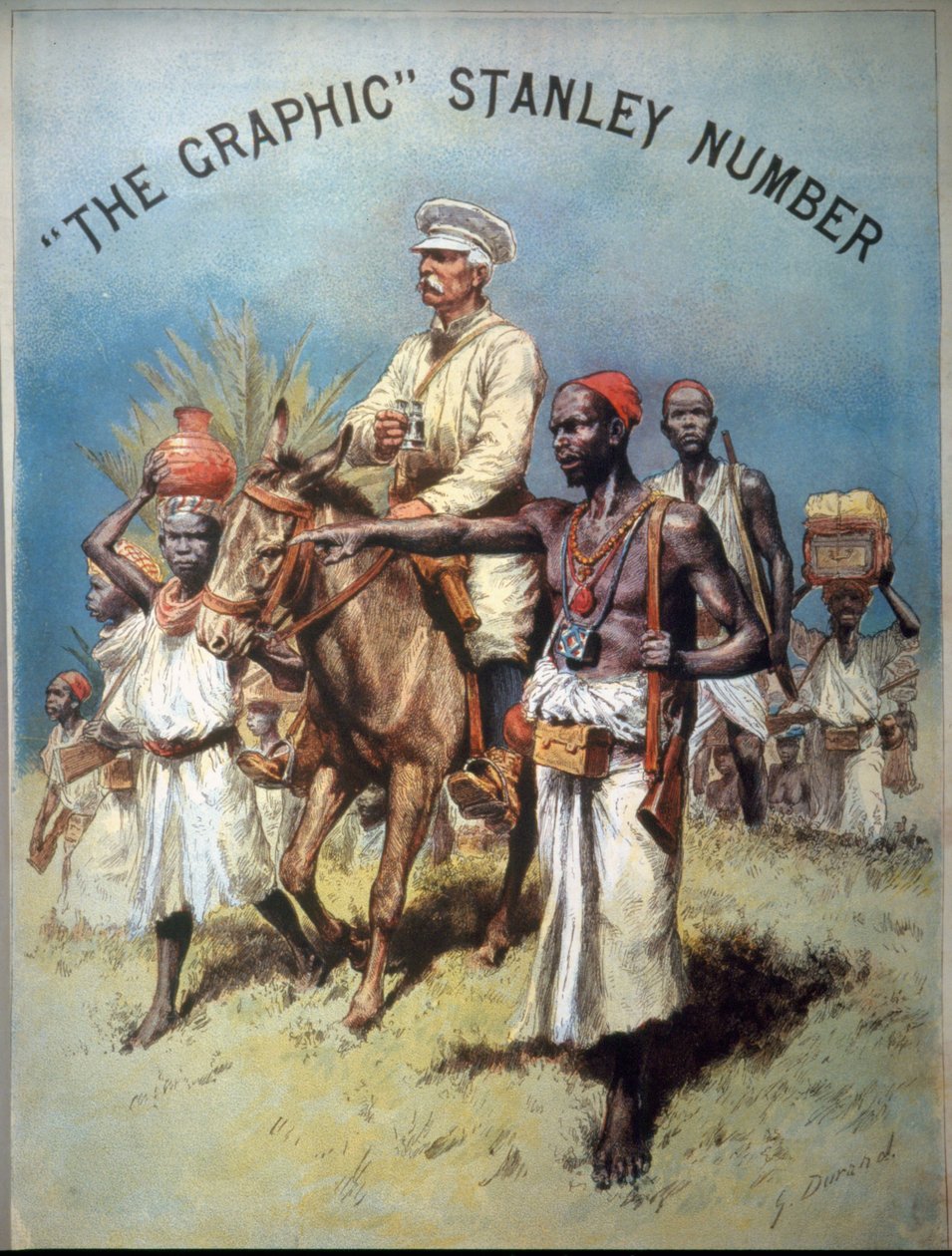 Illustrasjon som viser oppdagelsesreisende og journalist Henry Morton Stanley (1841-1904) under en av hans ekspedisjoner. Kromolitografi. av Unknown artist