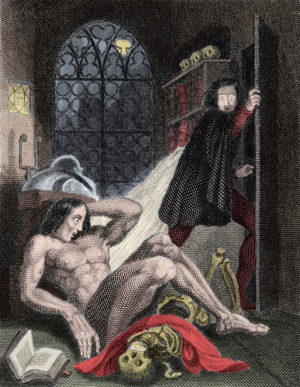 Illustrasjon for "" Frankenstein"" av den britiske forfatteren Mary Wollstonecraft Shelley (1797-1851). 1831: «Ved glimtet av det halvsluknede lyset så jeg det matte gule øyet til skapningen åpnet: den pustet hardt og en krampaktig beve av Unknown artist