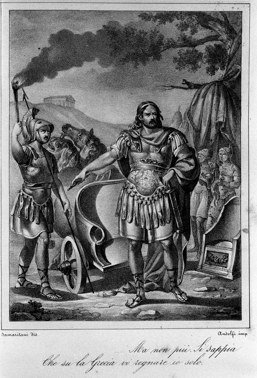 Illustrasjon for scene 1 av akt IV av "" Ajax"" (Aiace) av den italienske poeten og dramatikeren Ugo Foscolo (1778-1827) 1800-tallet av Unknown artist