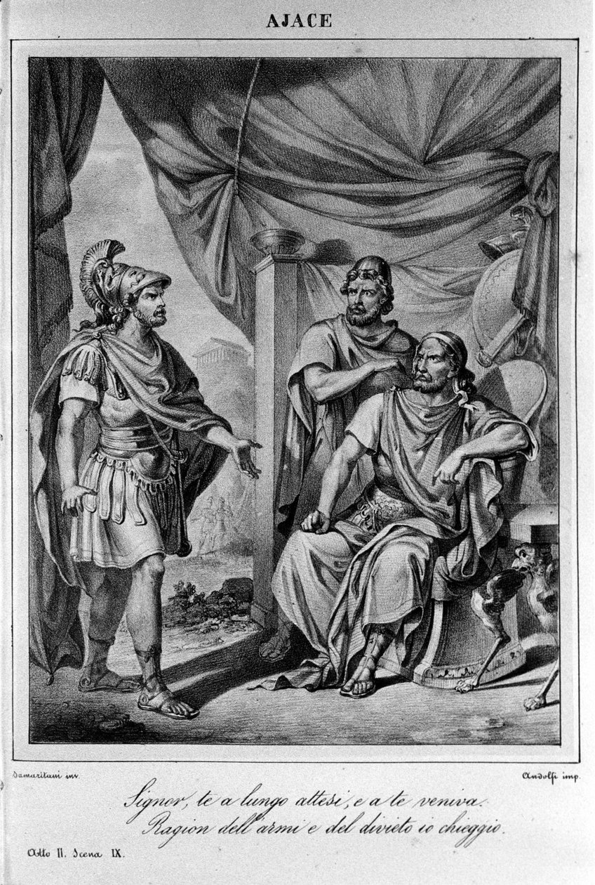 Illustrasjon for scene 9 av akt II av "" Ajax"" (Aiace) av den italienske poeten og dramatikeren Ugo Foscolo (1778-1827) 1800-tallet av Unknown artist
