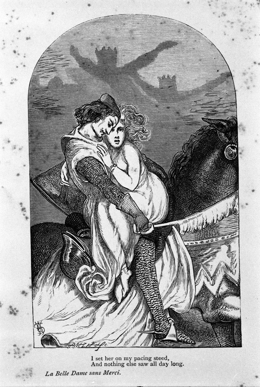 Illustrasjon for "den vakre damen uten barmhjertighet" av poeten John Keats (1795-1821) 1800-tallet av Unknown artist