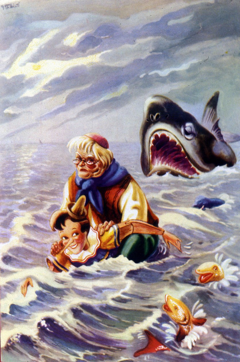 Illustrasjon av Pinocchio-historien av Carlo Collodi: Pinocchio og Gepetto blir forfulgt av en enorm fisk. av Unknown artist
