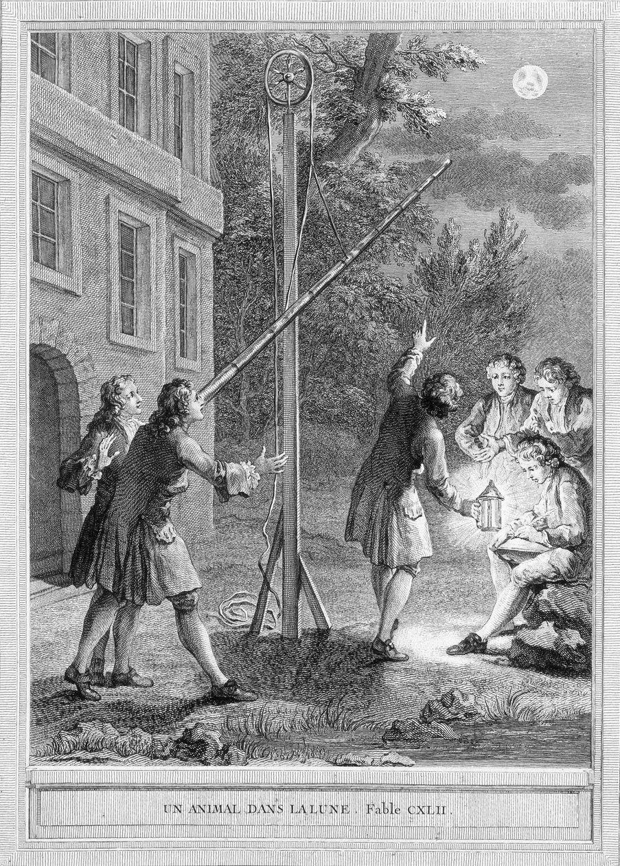 Illustrasjon av fabelen "Et dyr i månen" av Jean de la Fontaine av Unknown artist