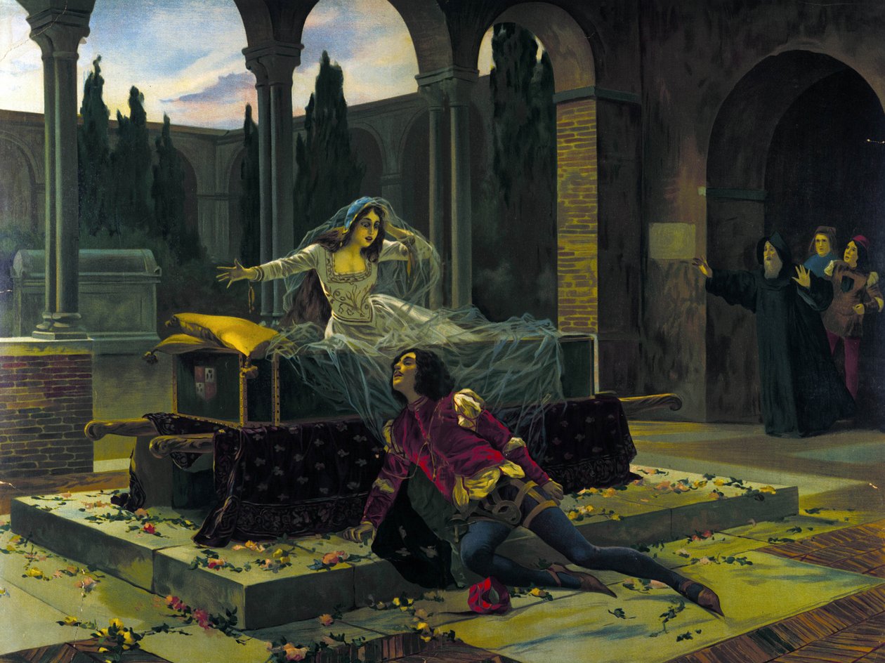 Illustrasjon av den siste scenen av balletten "Romeo og Julie" av Piotr eller Petr Ilyich Tchaikovsky (eller Tchaikovsky eller Ciajkovskij eller Tchaikowsky av Unknown artist