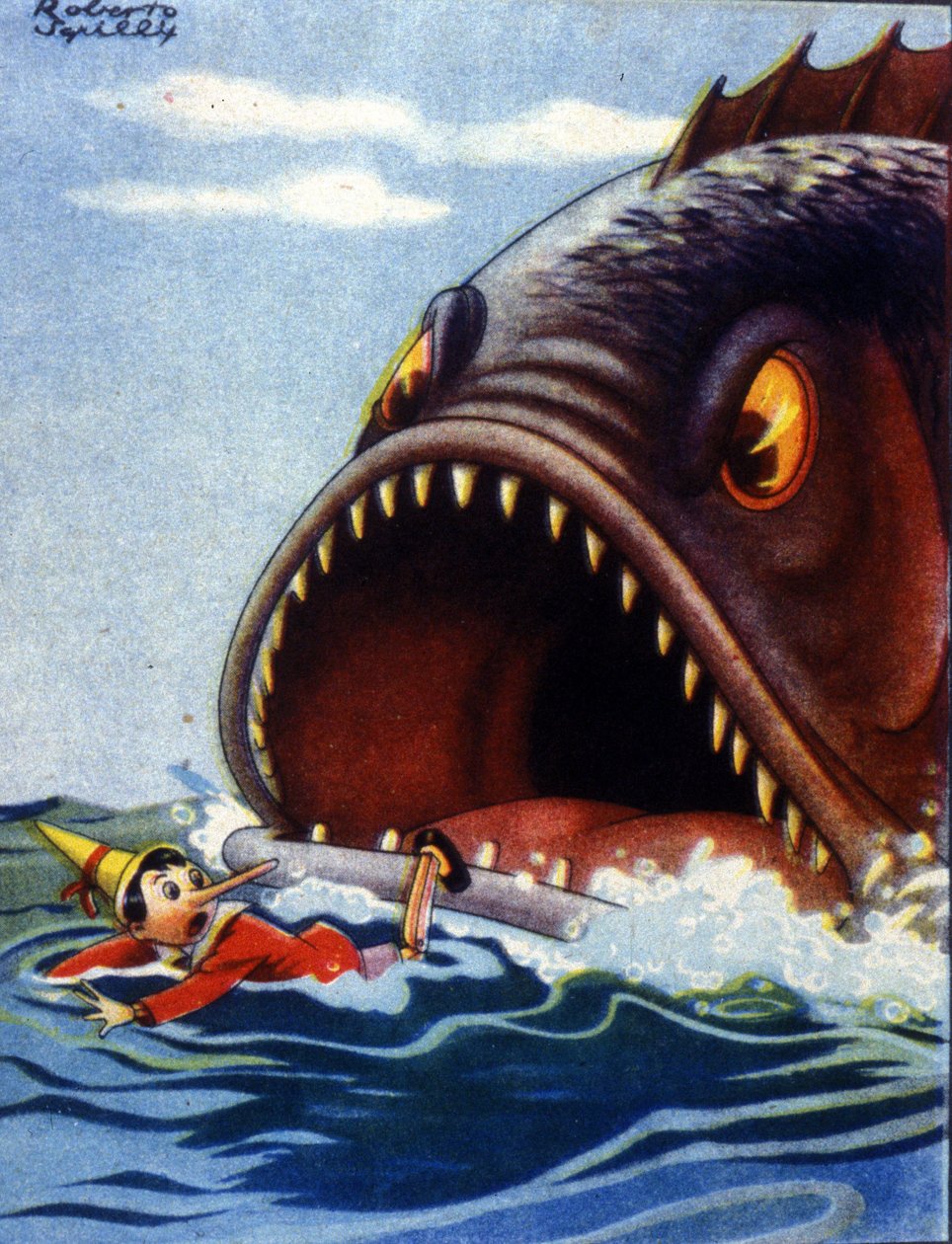Illustrasjon av historien Pinocchio av Carlo Collodi. En stor fisk er i ferd med å spise Pinocchio. av Unknown artist