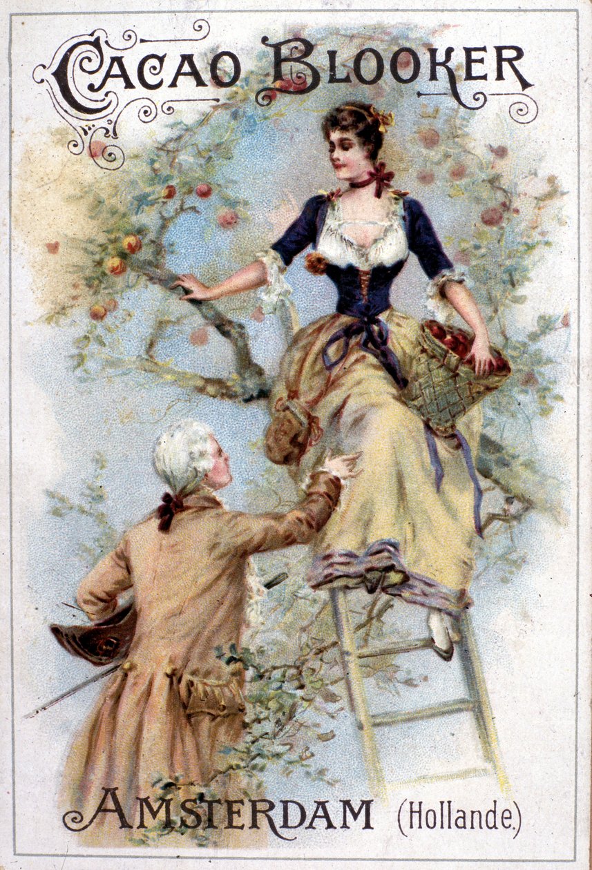 Reklameillustrasjon for Blooker Cocoa som viser en ung mann på 1700-tallsmote som hjelper en ung kvinne ned en stige. av Unknown artist