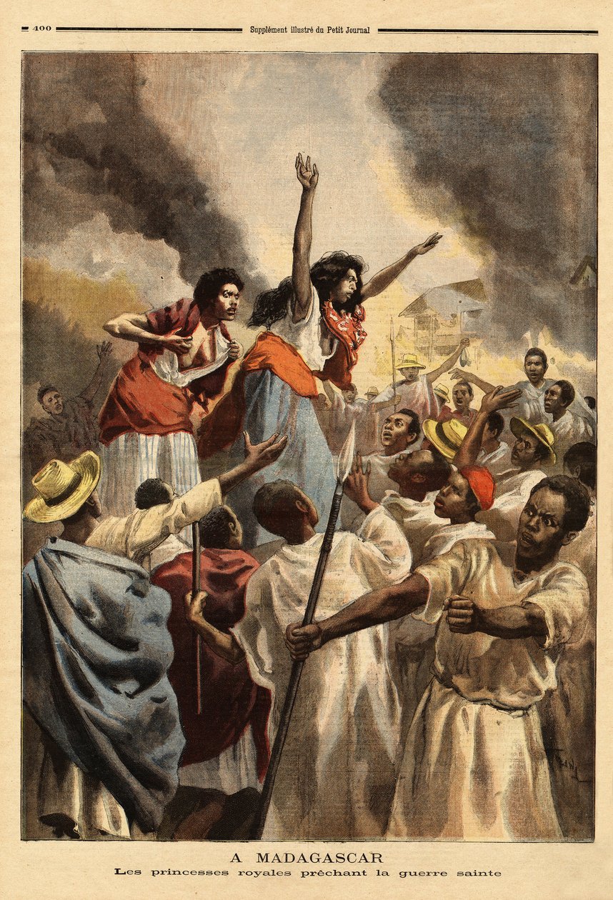 På Madagaskar forkynner den kongelige prinsessen (dronningens søster og tante) den hellige krigen mot Frankrike. Gravering i "" Le petit journal"" 9/09/1894. Selvas samling. av Unknown artist