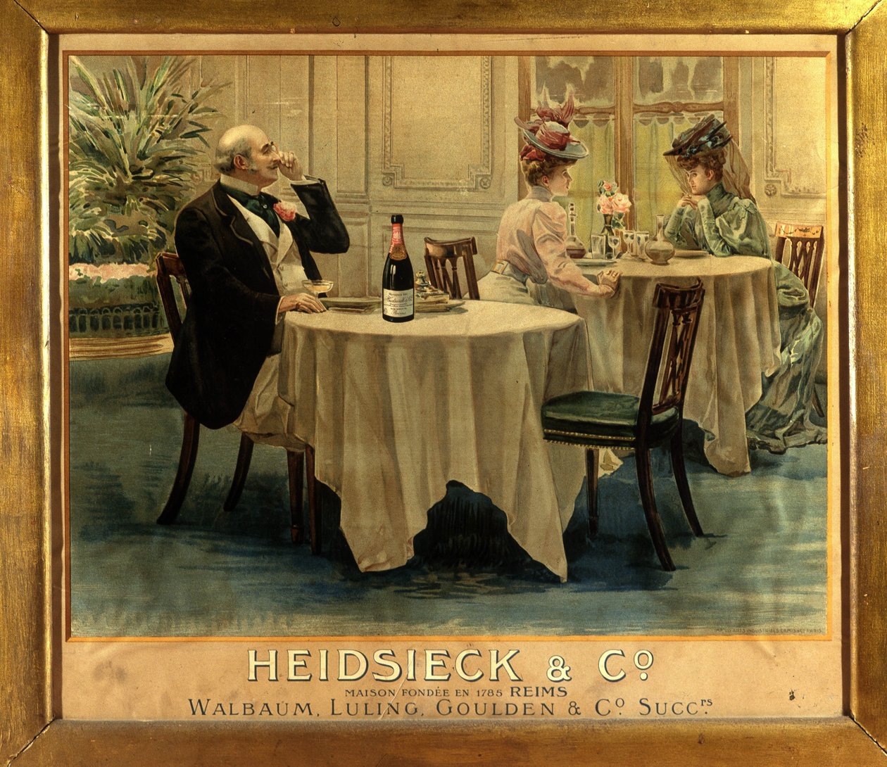 I en restaurant - Reklameplakat for Champagne Heidsieck, sent på 1800-tallet av Unknown artist