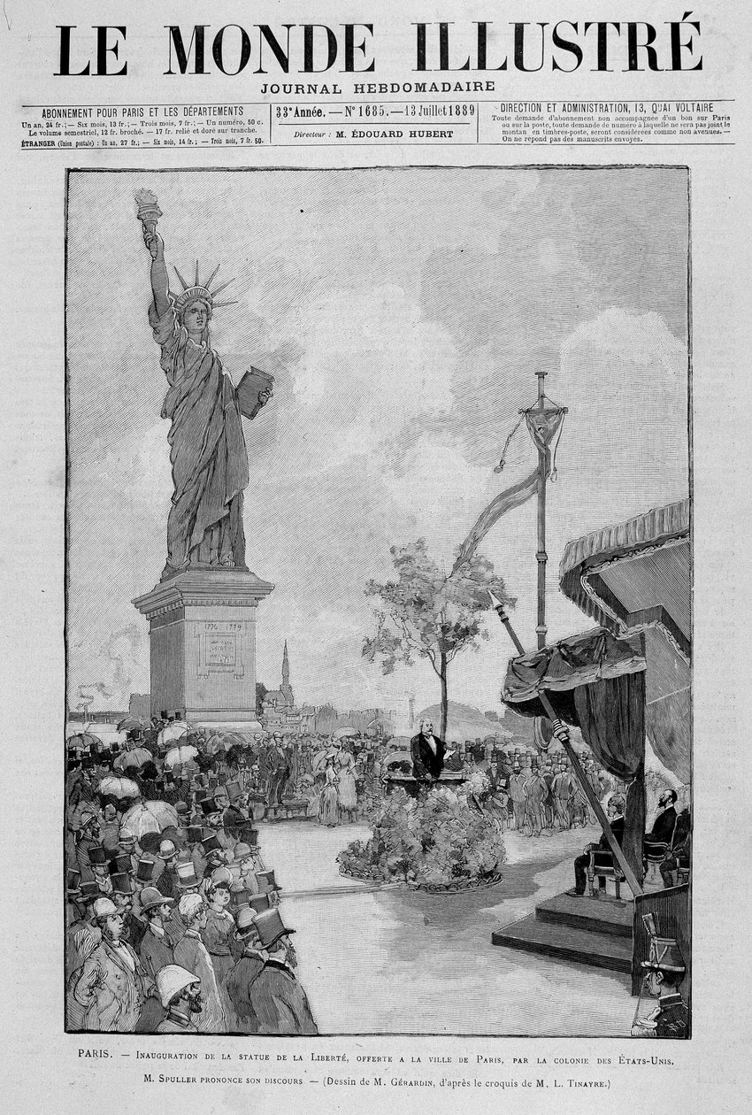 Innvielse av Frihetsgudinnen i reduksjon (replika), tilbudt til byen Paris av USA - i "" The Illustrous World"" av 13.07.1889 av Unknown artist