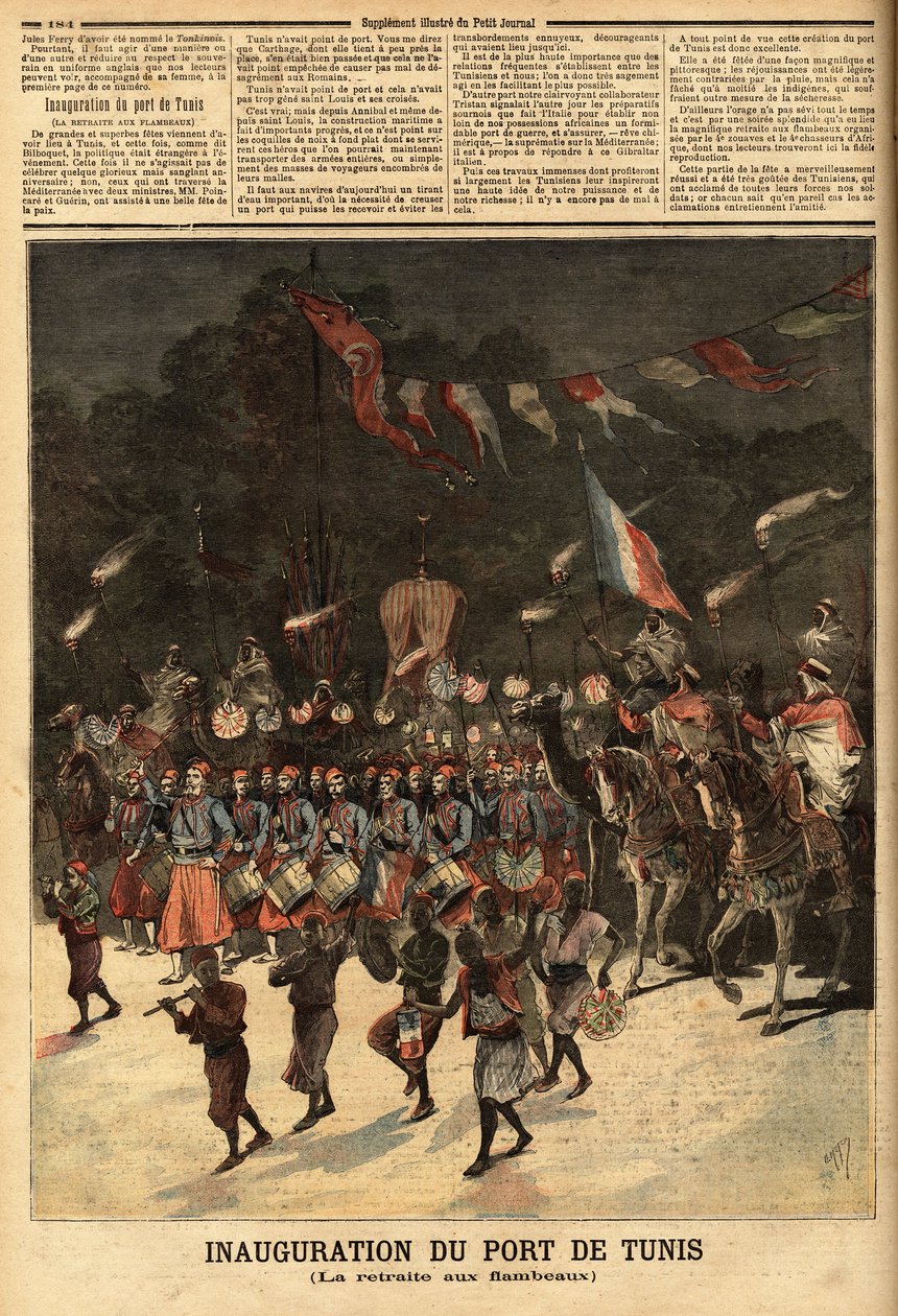 Innvielse av havnen i Tunis, i nærvær av de franske ministrene Raymond Poincare (1860-1934) og Eugene Guerin (1849-1929). Gravering i "" Le petit journal"" 10.06.1893. Selvas samling. av Unknown artist
