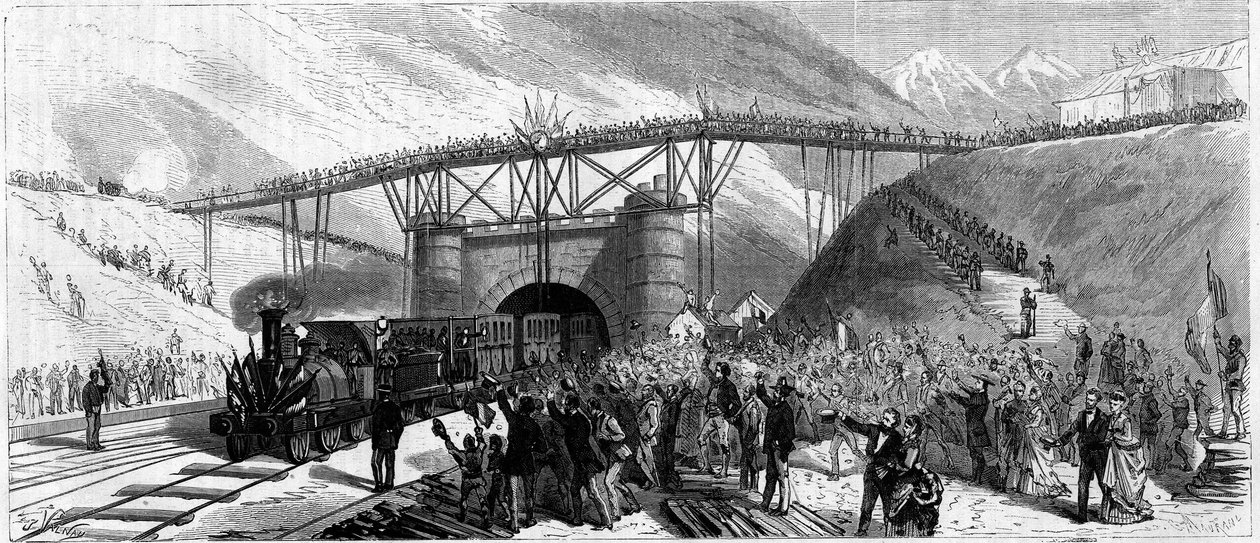 Innvielse av tunnelen til Mont Cenis (Monte Cenisio) i 1871. Ankomst av toget inviterer til Bardonneche (Bardonecchia) av Unknown artist