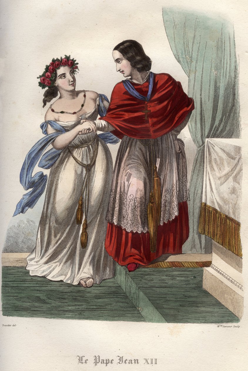 Incest: Pave Johannes XII (ca. 937-964) med sin bestemor, og påstått elskerinne, Marozia (Mariuccia, Mariozza) (ca. 890-c. 936). av Unknown artist
