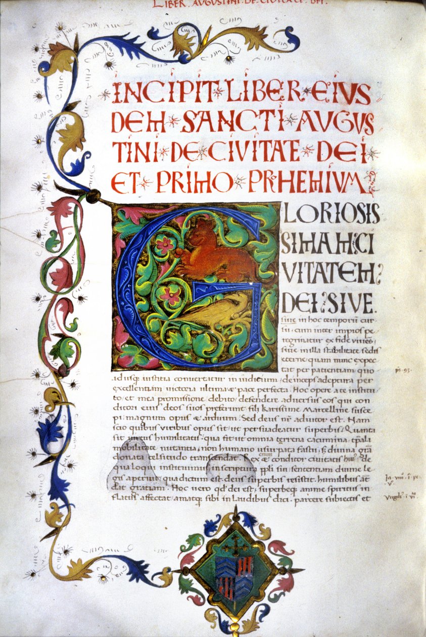 Begynnelsen av manuskriptet til "De civitate dei" av Saint Augustine. 1400-talls manuskript. Milano, Bibl, Trivulziana. av Unknown artist