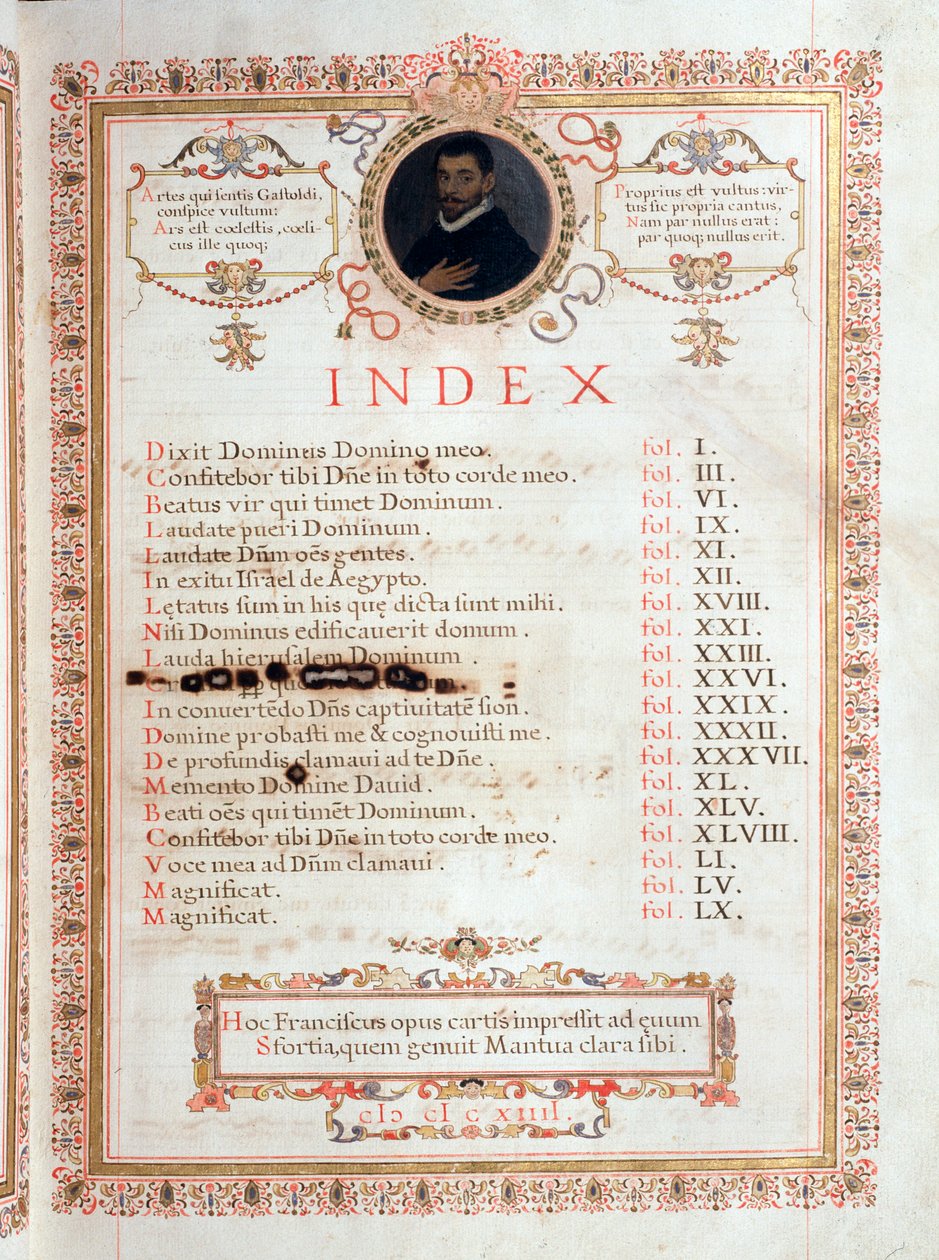 Indeksside med portrett av Giovanni Giacomo Gastoldi av Unknown artist