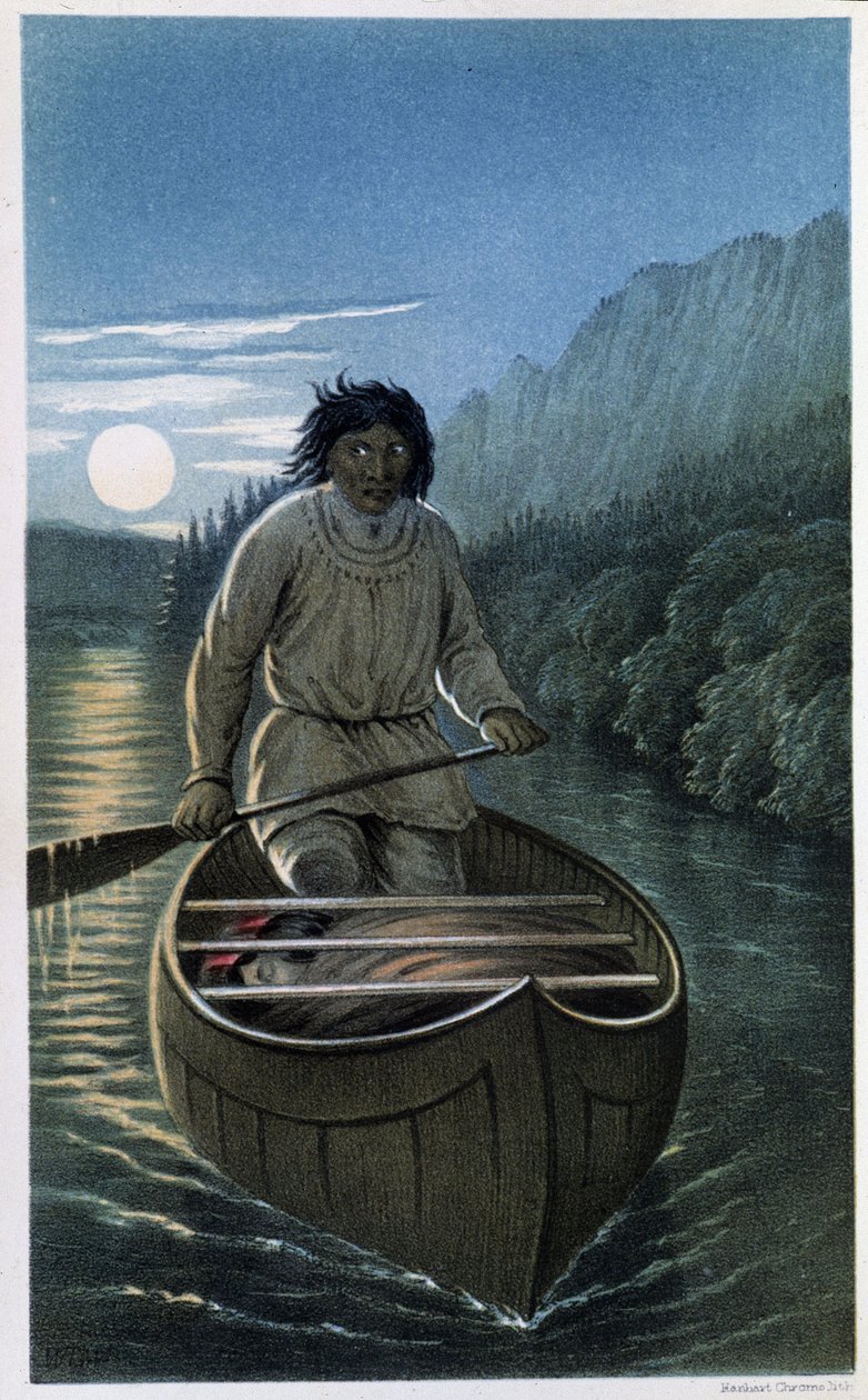 Indisk kanopadling på en fullmånenatt - i "Exploration of the Labrador Peninsula", av Hind av Unknown artist