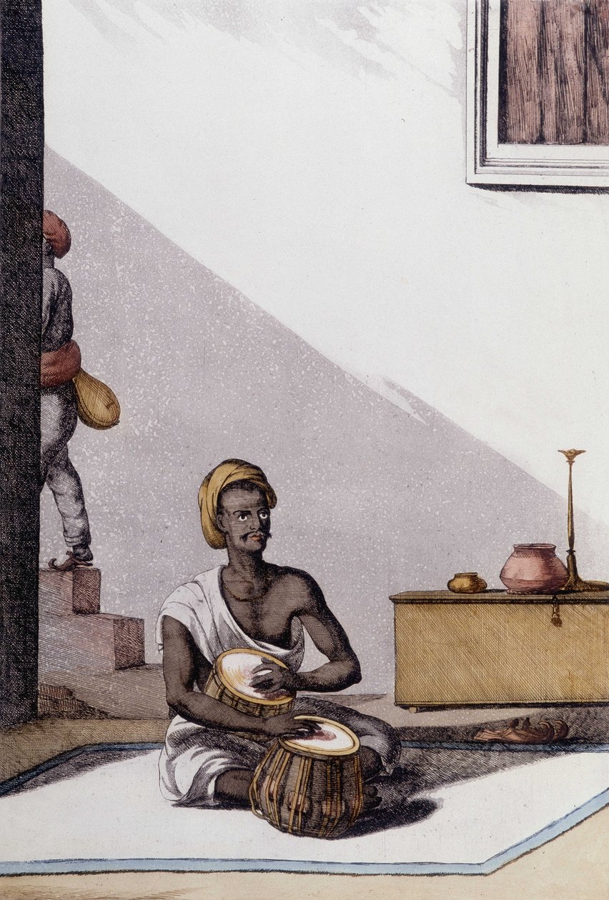Indisk kultur og sivilisasjon: musiker som spiller tabla, tradisjonelt musikkinstrument, India. Gravering 1808. av Unknown artist