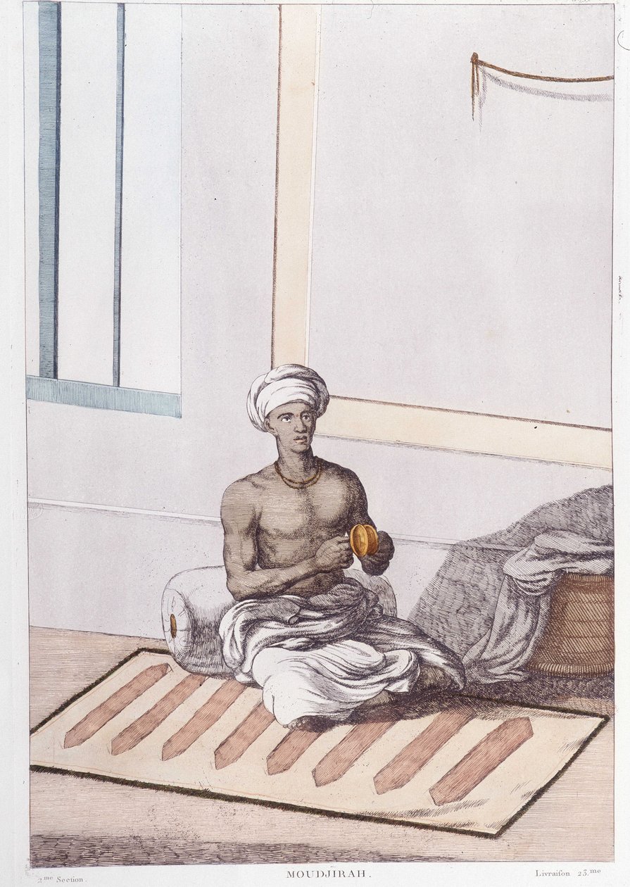 Indisk kultur, sivilisasjon og samfunn: musiker med tradisjonell indisk perkusjon. Gravering fra 1808. av Unknown artist