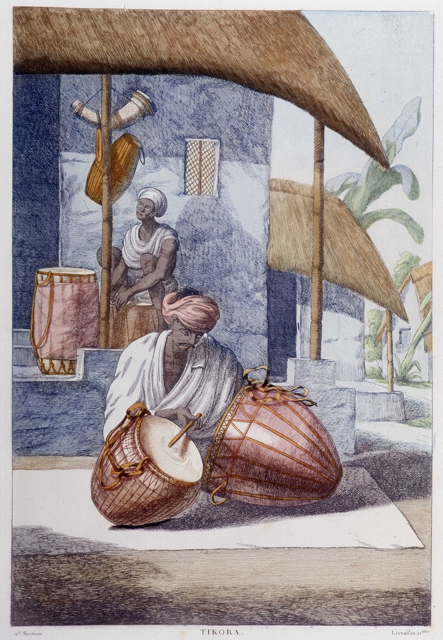 Indisk kultur, sivilisasjon og samfunn: musiker med tradisjonell indisk perkusjon (Tikora). Gravering fra 1808. av Unknown artist