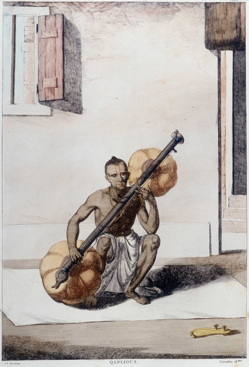 Indisk kultur, sivilisasjon og samfunn: musiker med tradisjonelt indisk strengeinstrument. Gravering fra 1808. av Unknown artist