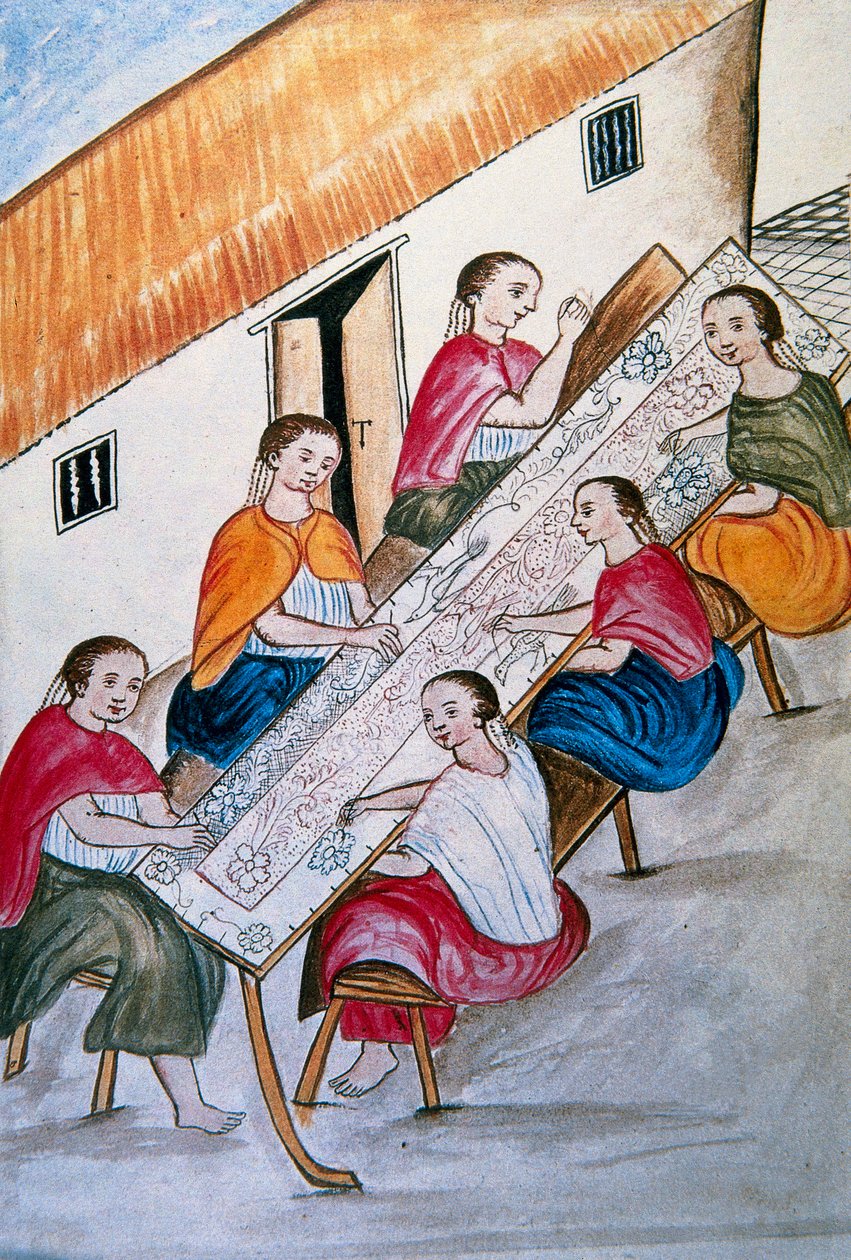 Indiske arbeidere som syr, fra boken "Trujillo del Peru" eller "Códice Martínez Compañón", av Baltazar Martinez Compañón y Bujanda, biskop av Trujillo (1782-1785) av Unknown artist