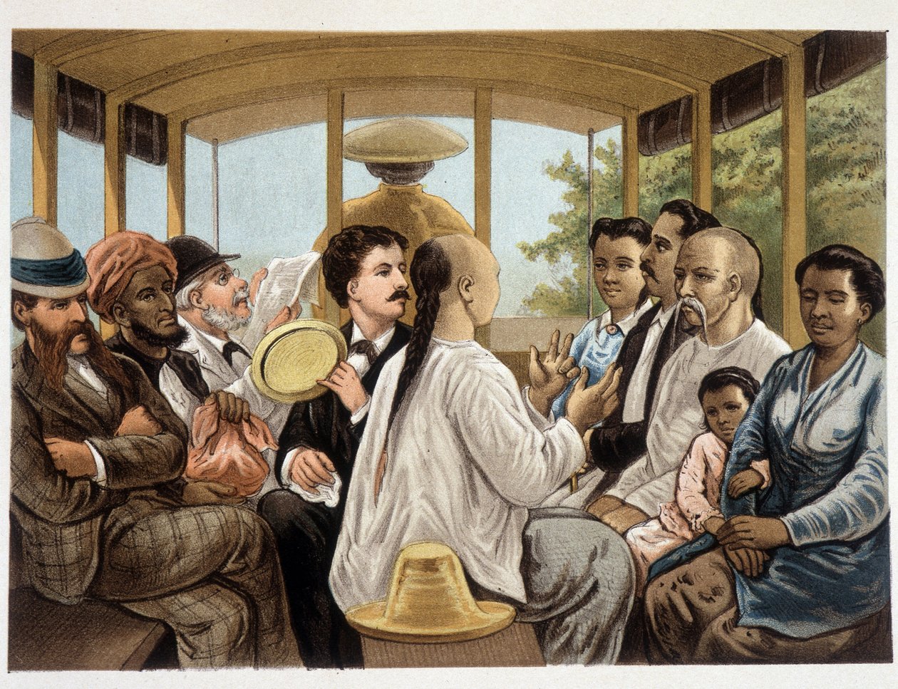 Indonesiere og vest i en indonesisk buss - "" Kammerlinden til Berkentstein i Nederlandsk Øst-India""" av MTH Perelaer - Leiden - AW Sijjhoff tegninger av JC Rappard - Batavia "" dans un transport""" den første kvelden i land av Unknown artist