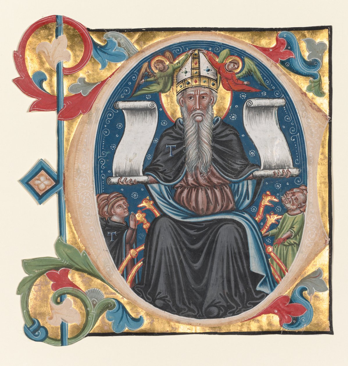 Initial C Utskåret fra en korbok: St. Anthony med Antonite Friars av Unknown artist