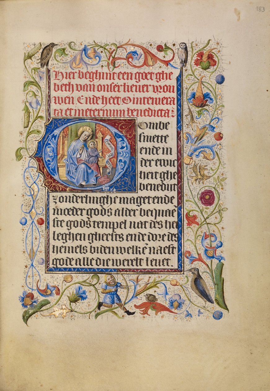 Initial O: Jomfru Maria og barnet på tronen av Unknown artist