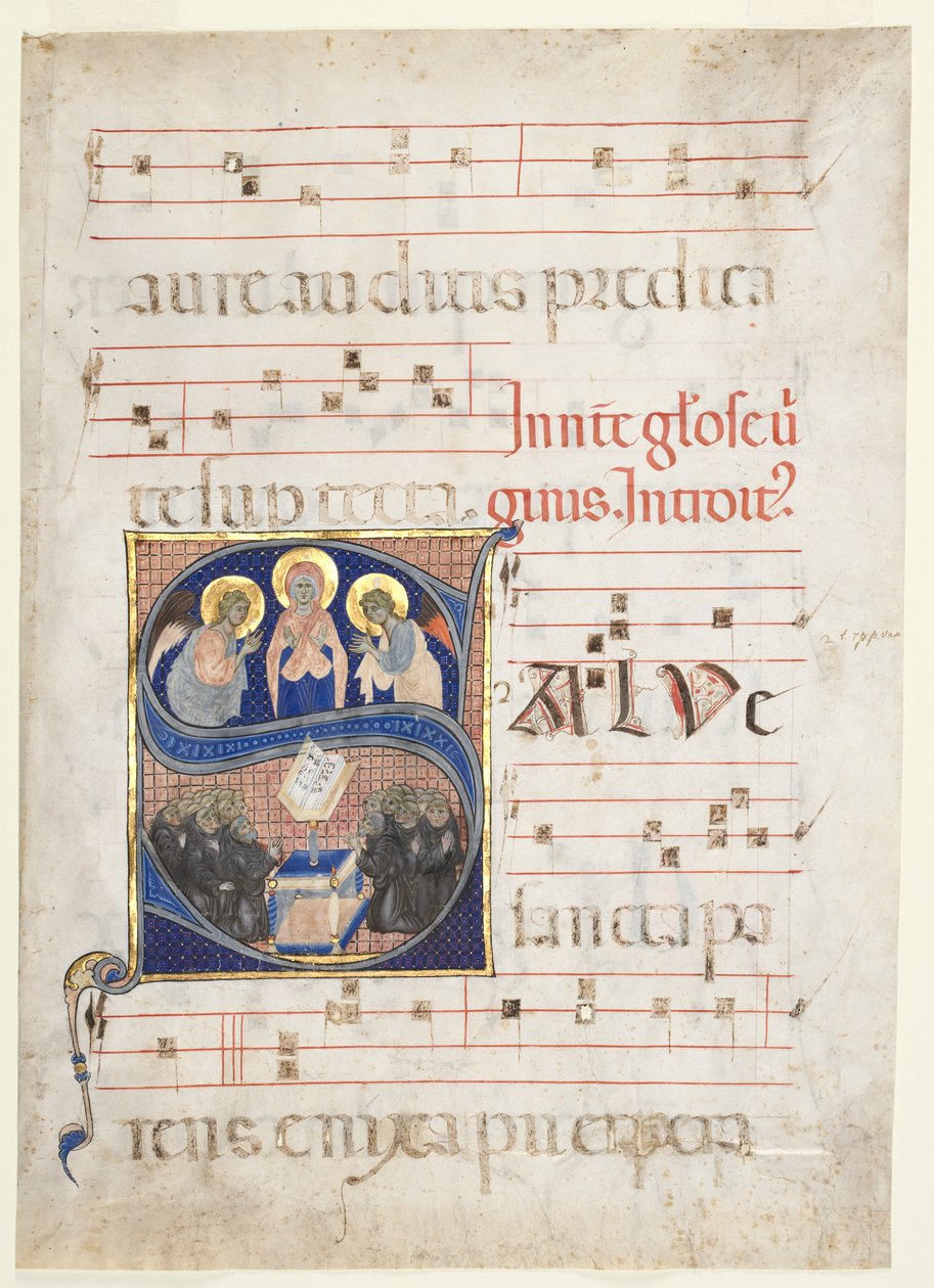 Innledende S[alve sancta parens] med Jomfruen Adored by Angels, og Singing Benedictine Monks: Single Leaf from a Gradual av Unknown artist