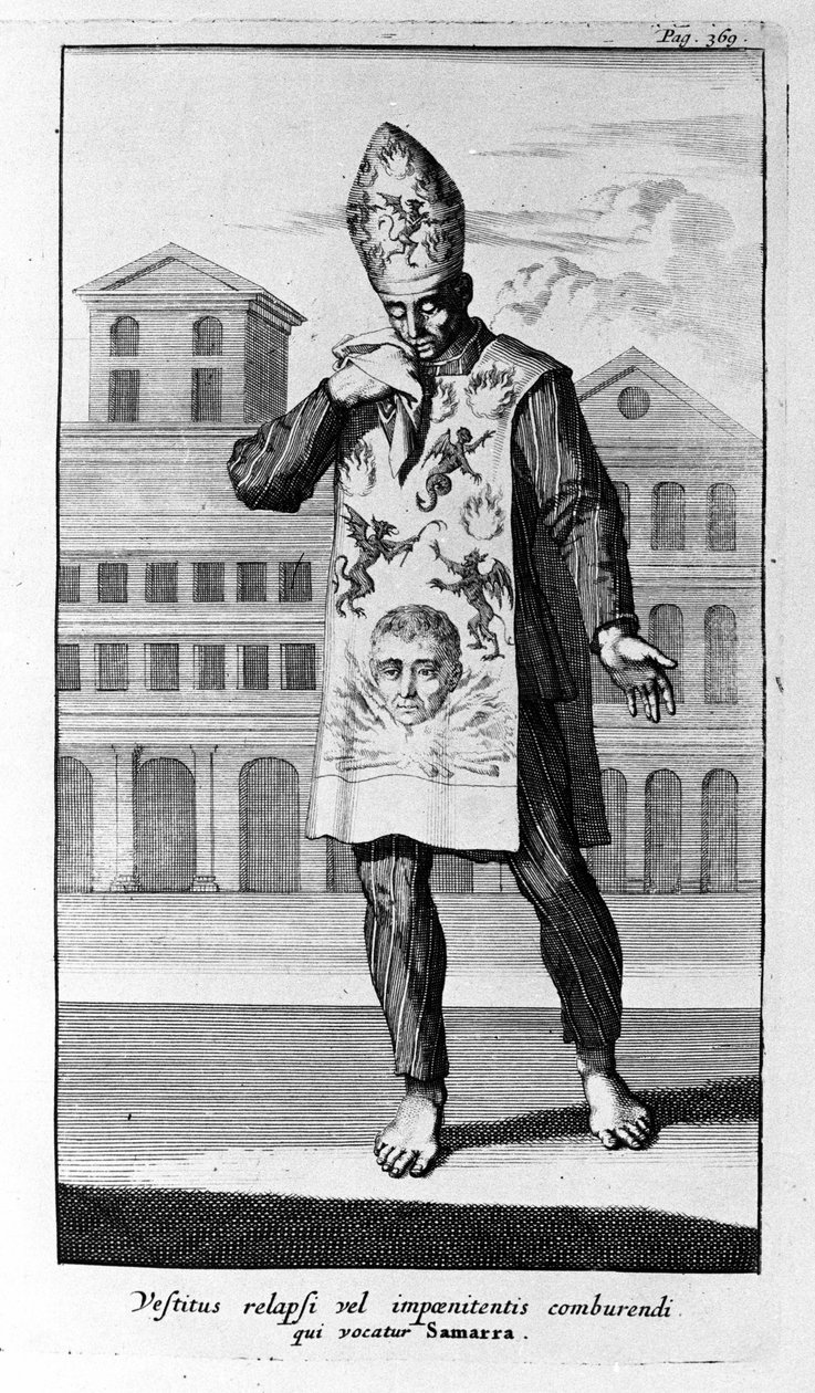 Inkvisisjon. Samarra-plagget som de angrende hadde på seg. Gravering fra History of Inquisition, Amsterdam 1692. av Unknown artist