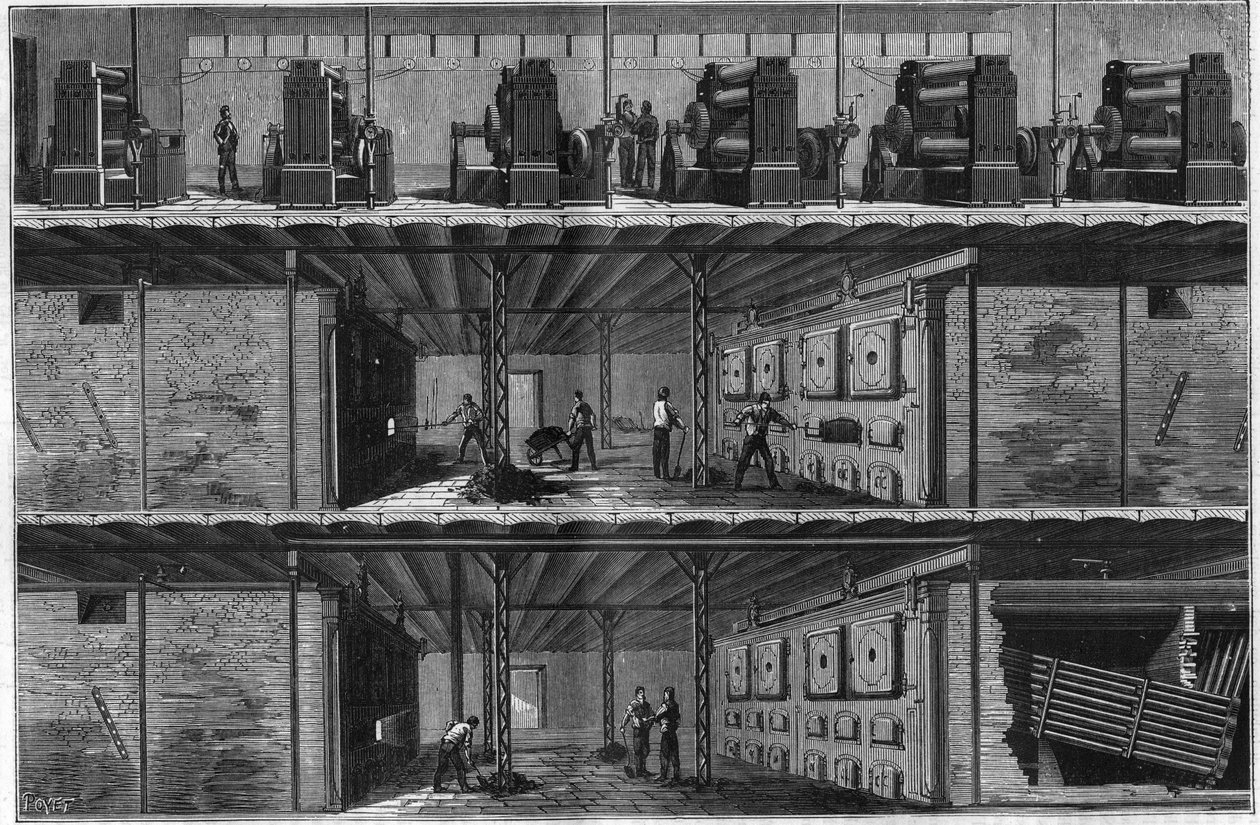 Installasjon av kjeler og dampdynamoer ved Central Electricite Distribution Station (Edison System) i New York i 1884. av Unknown artist