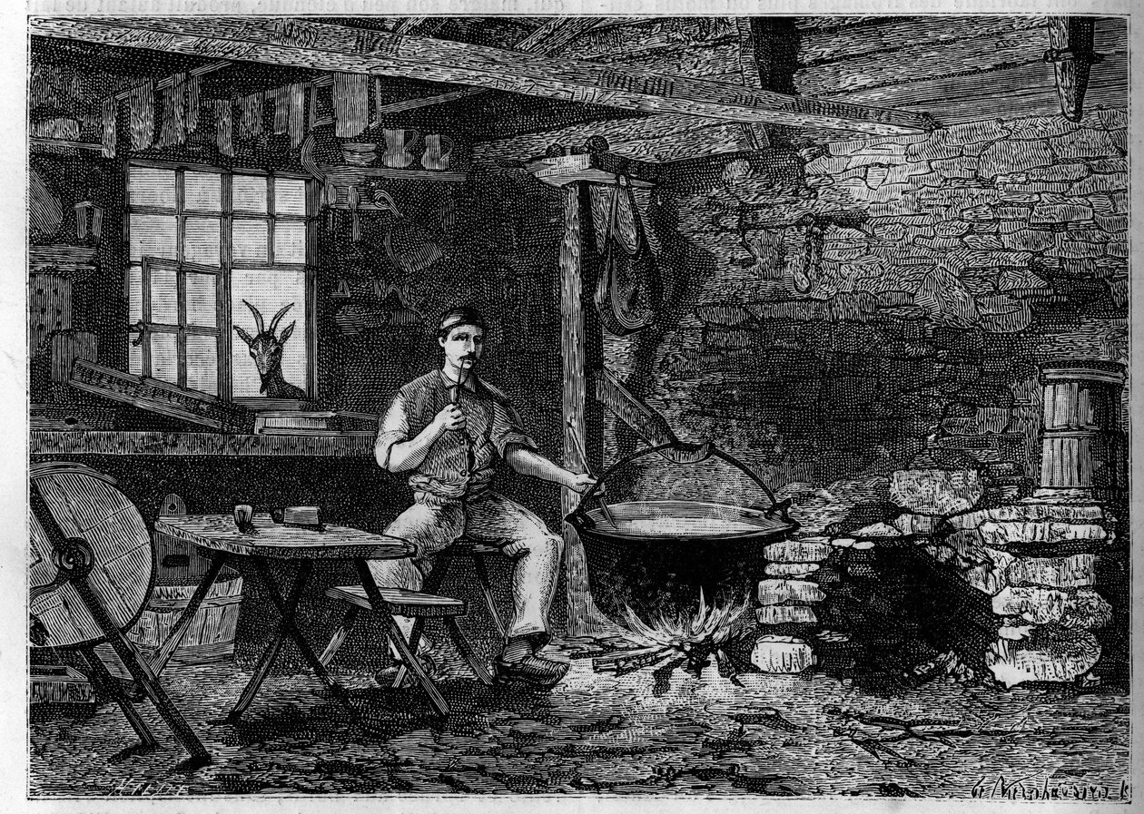 Interiør i en ostefabrikk i Vosges. Gravering i «Le journal de la jeunesse»» av Unknown artist