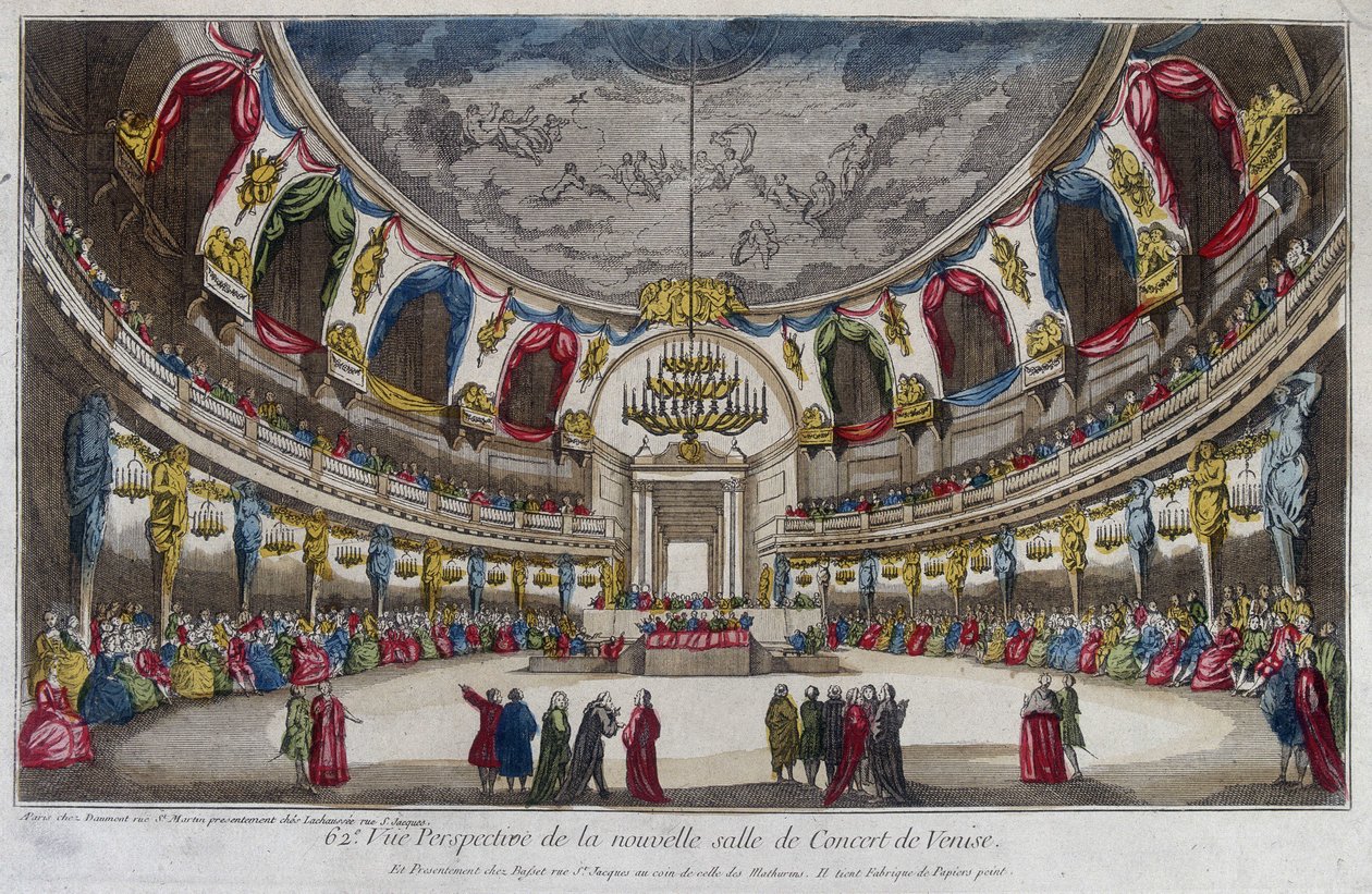 Interiør i en konsertsal i Venezia. 1700-talls gravering. av Unknown artist