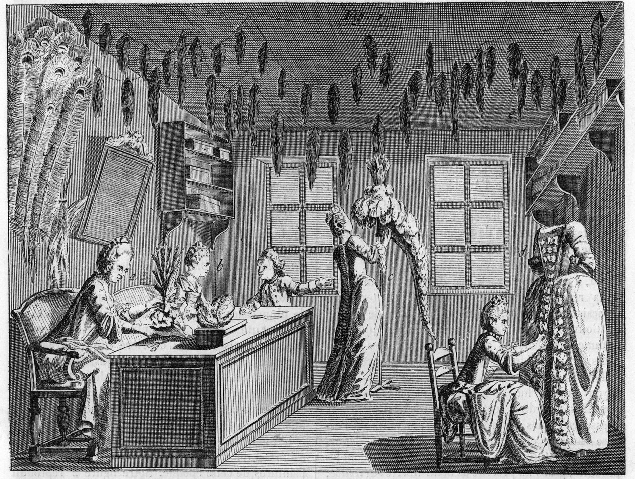 Interior of a plumassier workshop in the 18th century. 18th century engraving. av Unknown artist