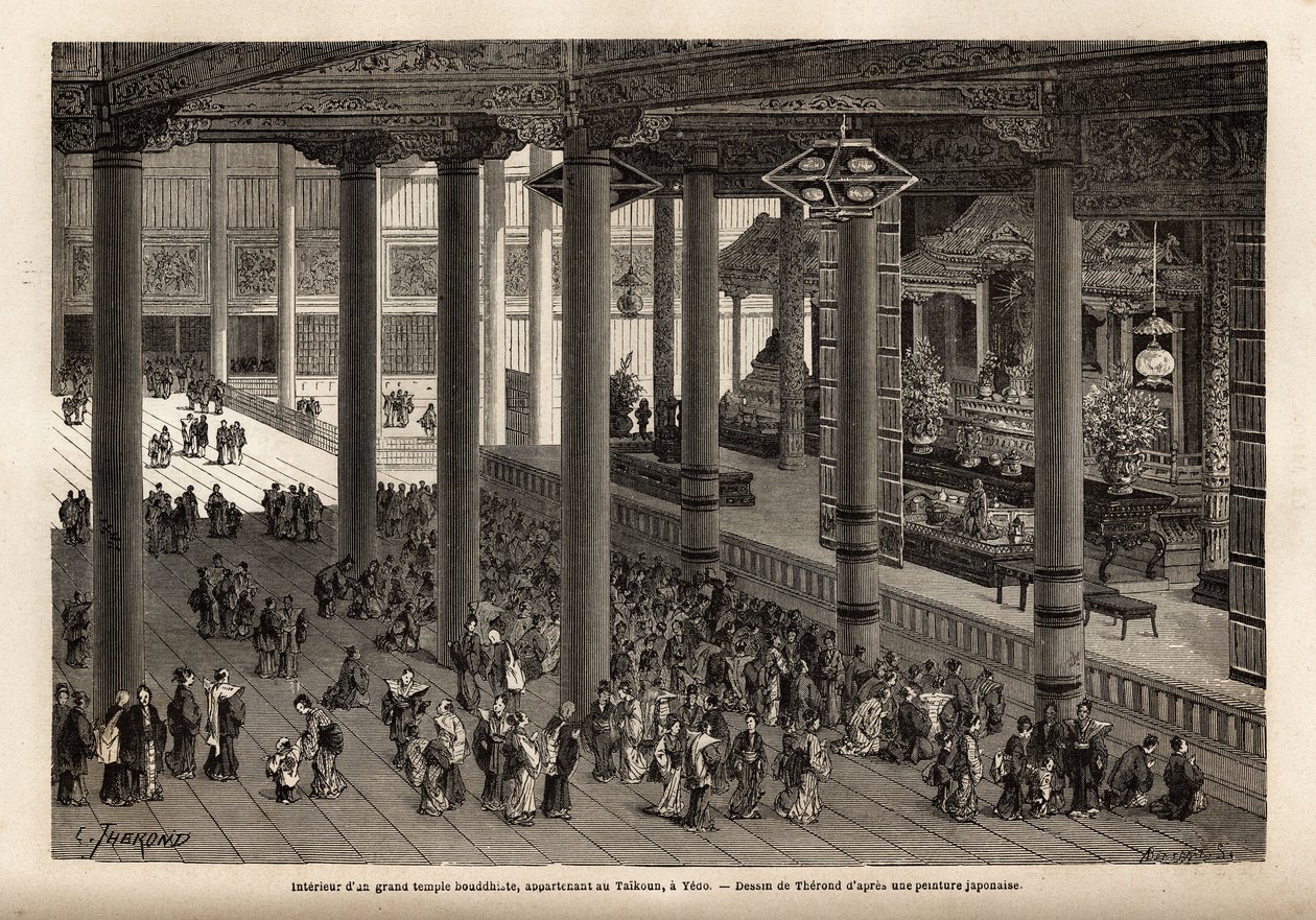 Innvendig visning av et stort buddhistisk tempel, tilhørende Taikoun (temporal hersker av Japan) i Yedo (eller Edo, keiserlig hovedstad, dagens Tokyo). Gravering for å illustrere reisen til Japan, i 1863-1864, av Aime Humbert, minister for det sveitsiske k av Unknown artist
