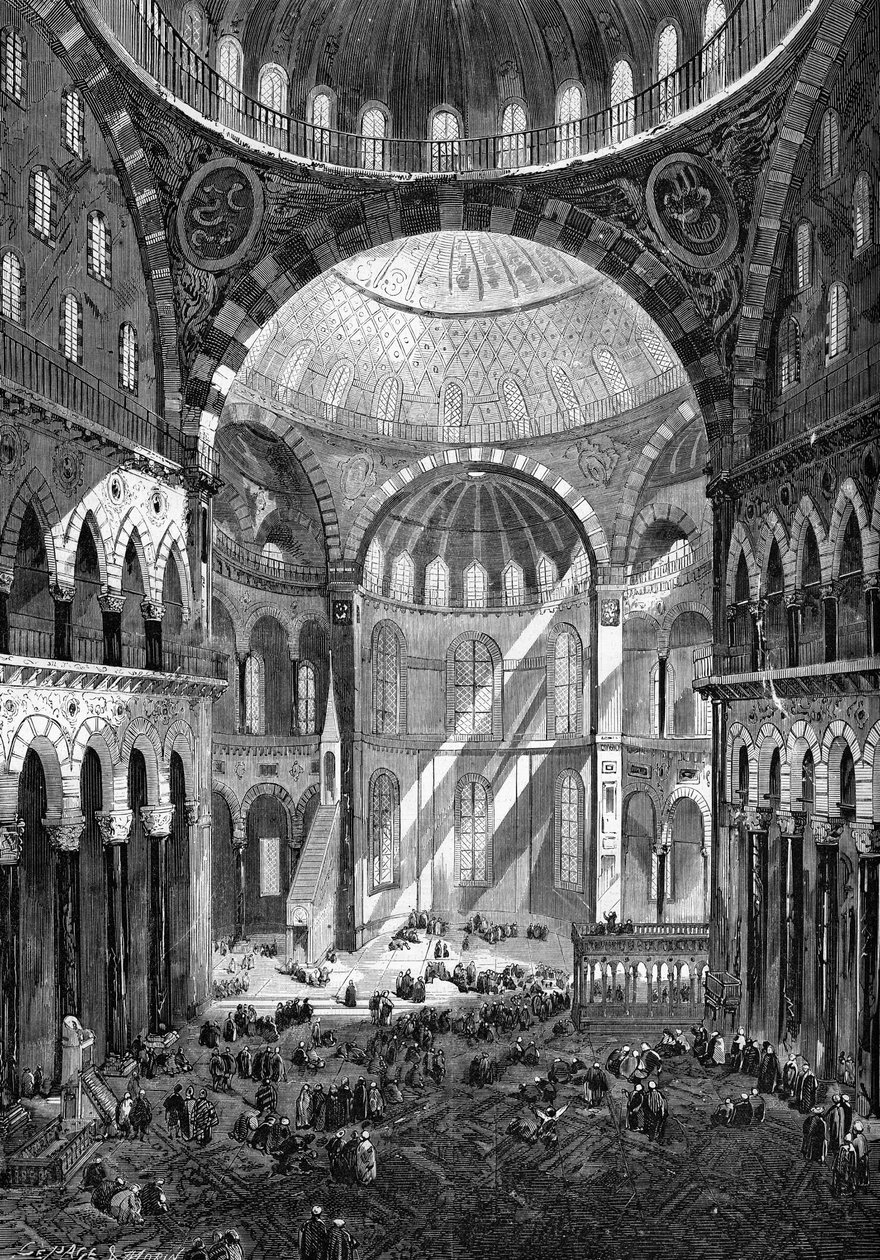 Innvendig utsikt over moskeen Saint Sophia (Hagia Sophia) (bysantinsk kunst fra 600-tallet) i Konstantinopel i 1858. av Unknown artist