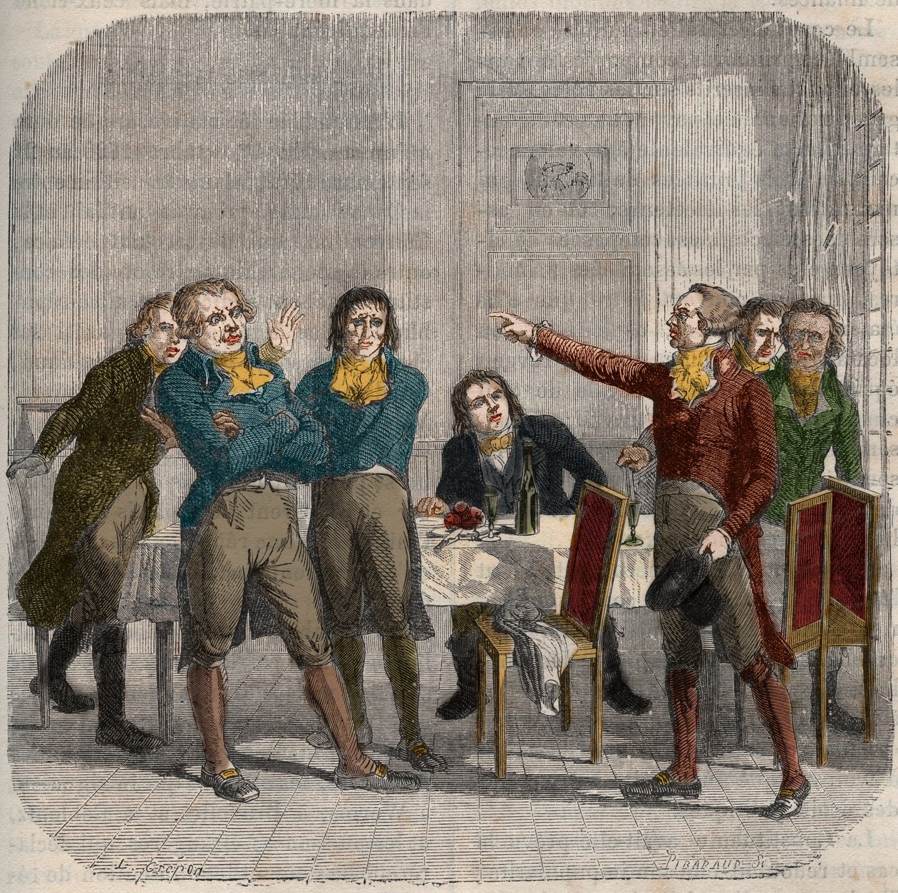 Intervju mellom Jean-Paul (Jean Paul) Marat (1743-1793), Maximilien de Robespierre (1758-1794) og Georges Jacques Danton (1759-1794) 28. juni 1793 på en parisisk kafé på Rue du Paon. Gravering i ""Illustrert nasjonalhistorie av Frankrike"". 1800-tallet av Unknown artist