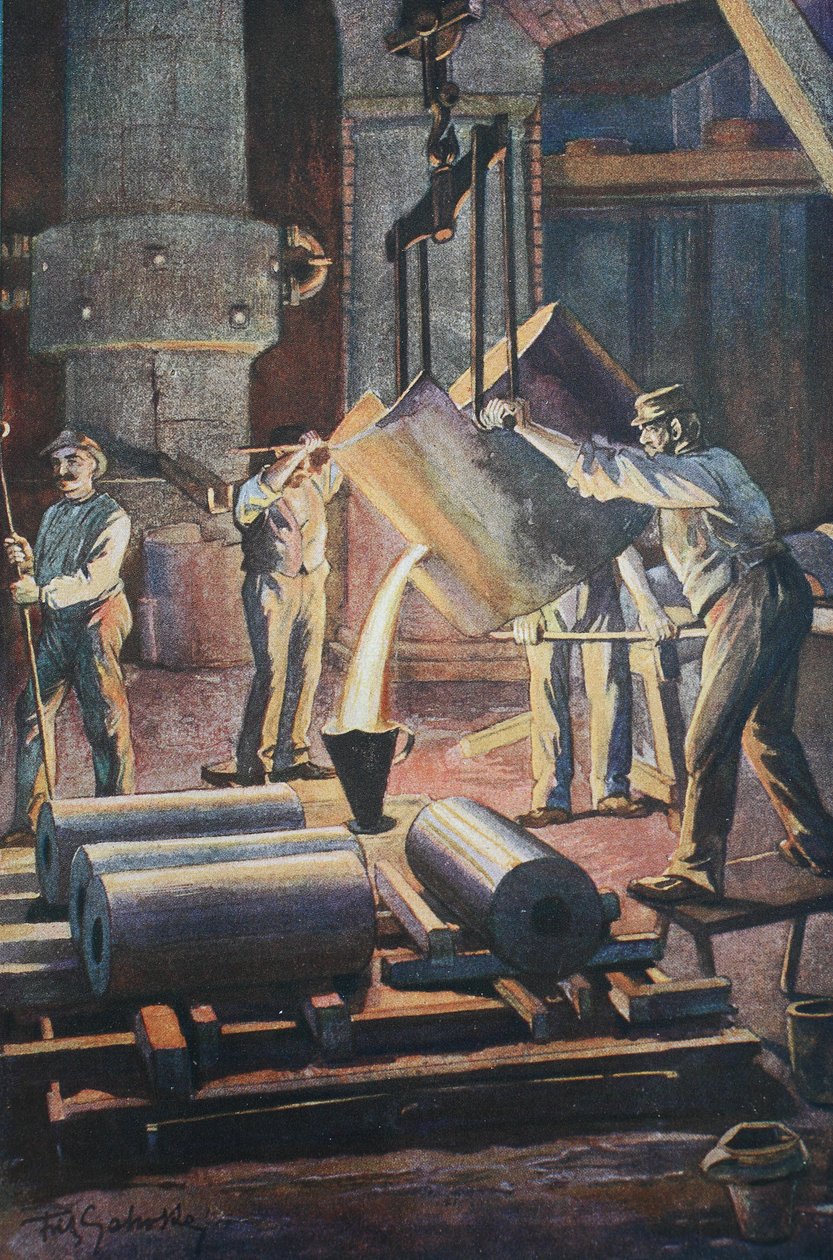 Jernstøperi, støperihus, formstøping av det smeltede jernet av Unknown artist