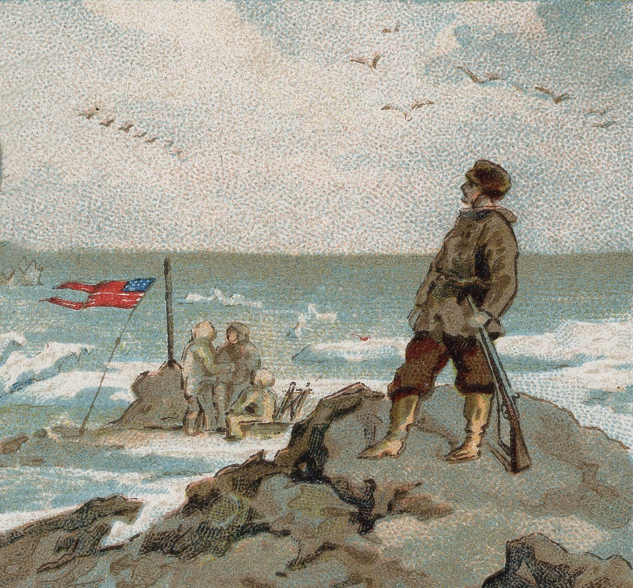 Isaac Israel Hayes (1832-1881) bearing the American flag on the shores of the polar sea. Chromo of the late 19th century. av Unknown artist