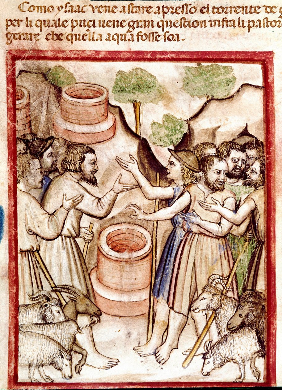 Isaac graver brønner i Guerar-dalen og gjeterne i dalen søker ham krangel Miniatyr hentet fra kodeksen 212 (eller padovano-kodeksen eller Bibelen i Padua) 1390-1400 Rovigo, Accademia dei Concordi av Unknown artist