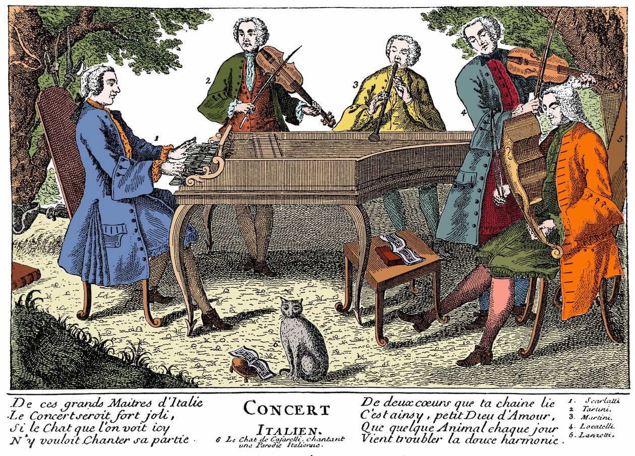 Italiensk konsert (barokkmusikk) med 1. Scarlatti (cembalo) - 2. giuseppe Tartini (fiolin) - 3. Far (far) Martini (Giovanni battista) (fløyte) - 4. Locatelli (fiolin) - 5. Lanzetti (bratsj) - 6. Syngende katt. Gravering fra 1700-tallet av Unknown artist