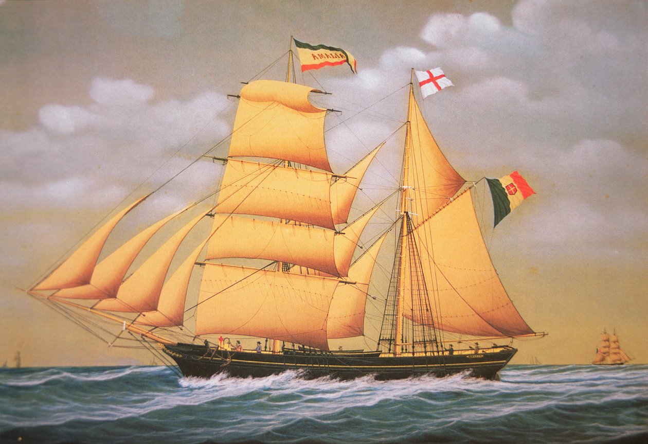 Italiensk skonnertbrig 'Amalia', siste halvdel av 1800-tallet (farge litho) av Unknown artist