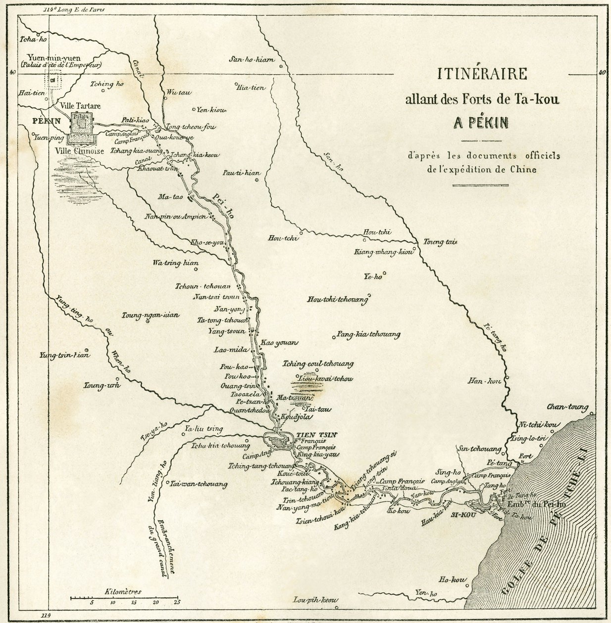 Reiserute langs Hai He-elven nær Tien Tsin (Tien-Tsin, Tianjin) til Pekin (Beijing), Kina. Kart, i "" Le Tour du Monde, New Journal of Travels "", redigert av Edouard Charton, Paris av Unknown artist